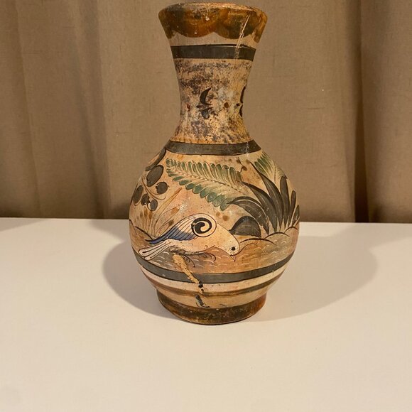 Vintage Tonala Mexican Pottery Vase - Hand-Painted Birds & Burn Scar, 8.5"x6" - Picture 6 of 8